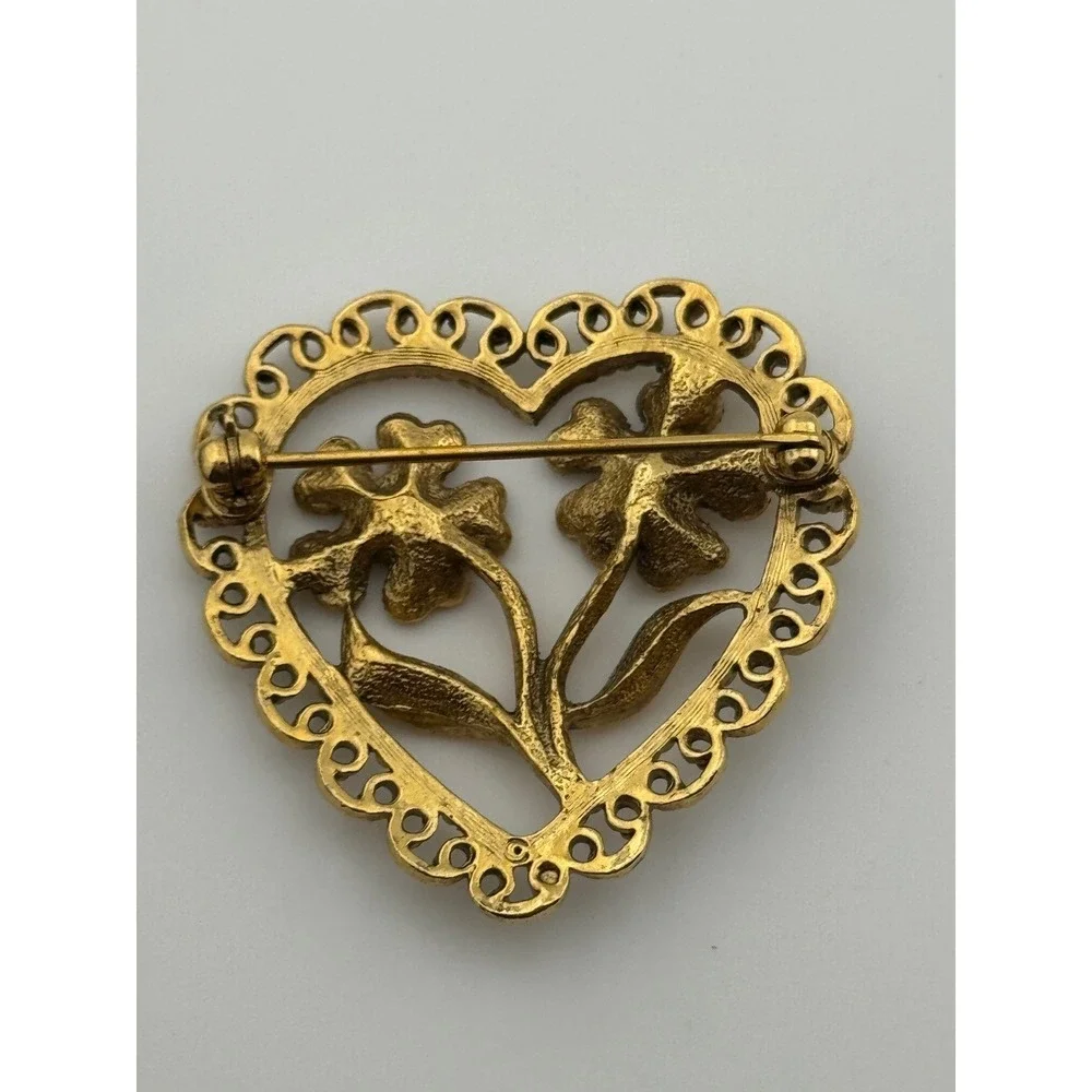 Vintage Heart‎ Flower Brooch Faux Pearl Gold Tone Filigree Pin